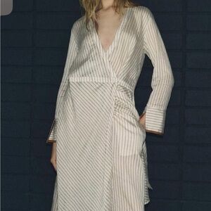 Zara surplus Striped Wrap Dress cream/beige Sz medium NWT $80
